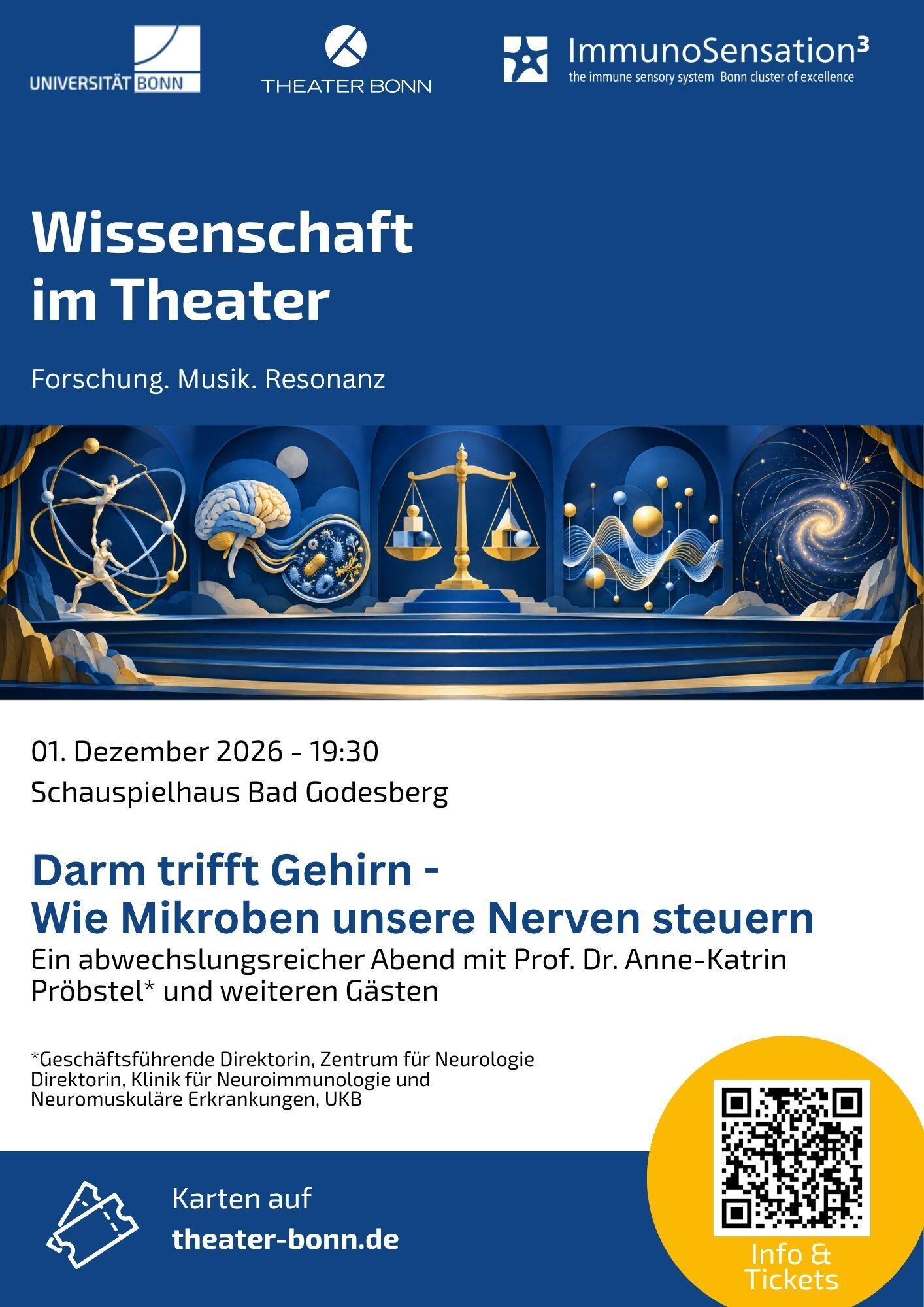 Plakat zur Veranstaltung Wissenschaft im Theater mit Prof. Anne-Katrin Pröbstel am 1.12.2026 im Schauspielhaus Bonn Bad-Godesberg