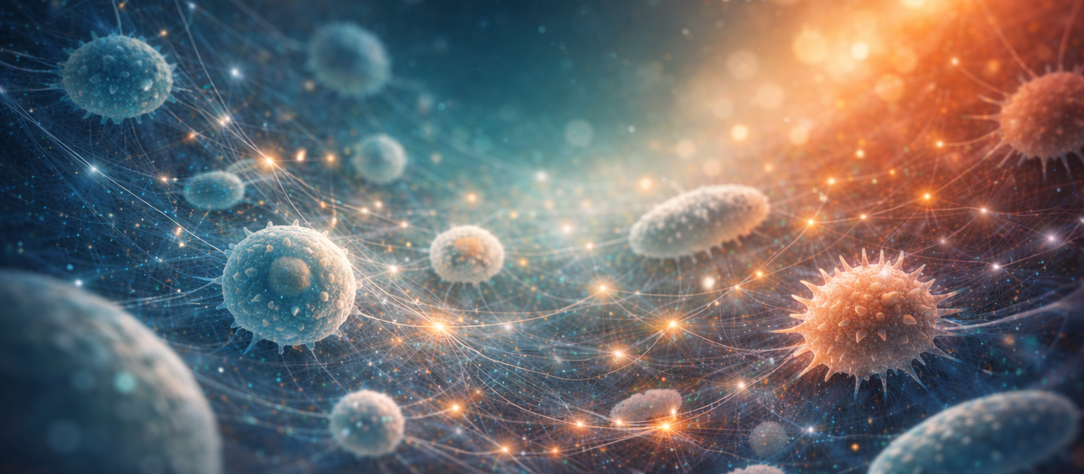 AI generated image of diverse immune cells interacting in a complex network