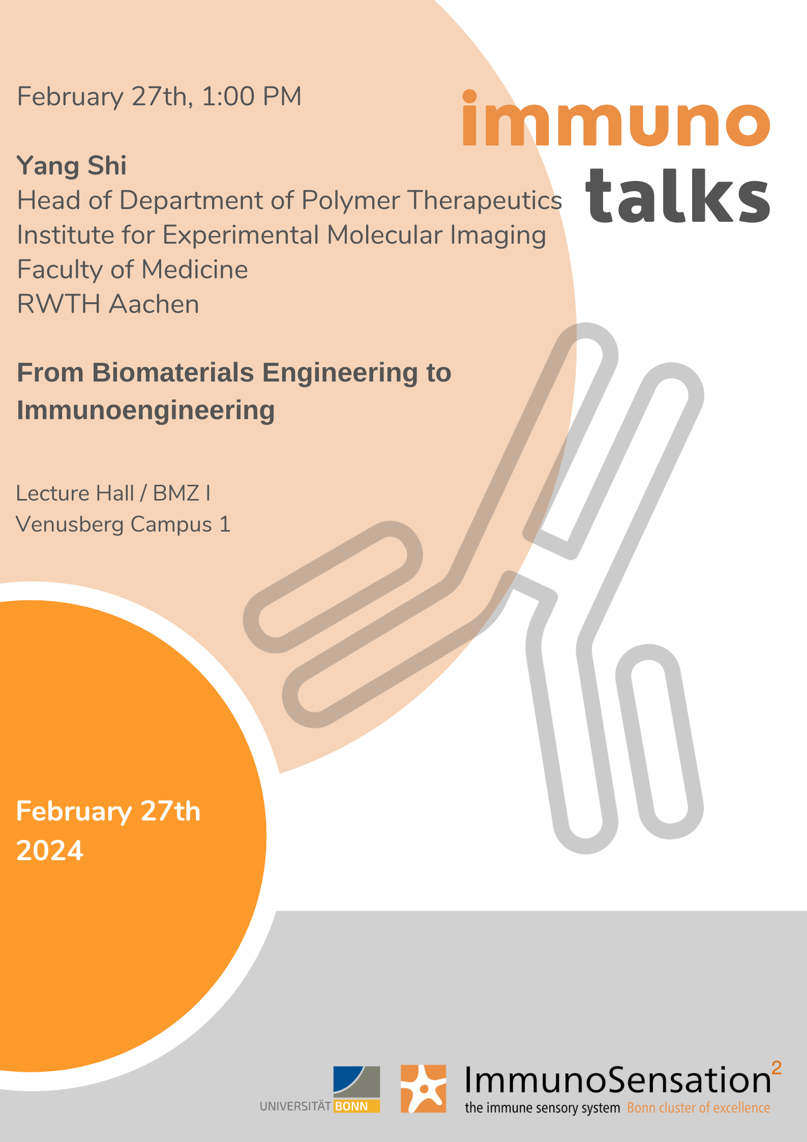 Announcement poster for lecture From Biomaterials Engineering to Immunoengineering by Yang Shi